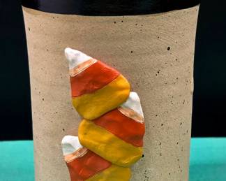 Pottery Candy Corn Clay Votive / Tea Light Candle Holder w/ Star-shaped Cut Outs (Halloween Decor)
