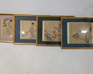 Set 4 Gold Painted Wood Framed Asian Prints: 2 Natural Bird Scenes, 2 Woman Scenes, 15" x 12" - Estate Sales Warehouse (GR)