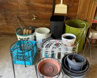 Assorted Garden Planters, Flower Pots, Plant Stands, Buckets & Outdoor Supplies Lot - Lake Odessa Off-Site