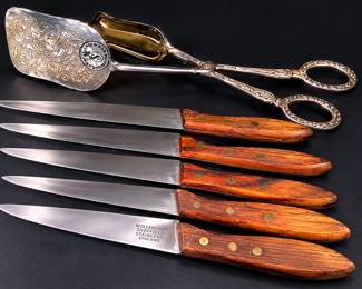 Vintage 6pc Sheffield England Wood Handle Knife Set & Ornate Silver Tone Serving Tongs – Potterville