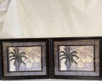 Pair of Framed Old-World Map and Palm Tree Art Prints styled after C. Winterle Olson