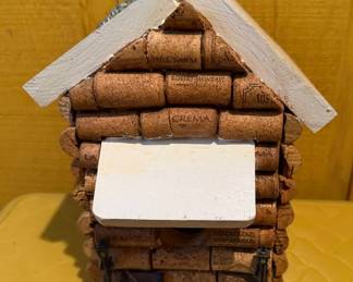 Handmade Wine Cork Log Cabin Style Birdhouse with White Wooden Roof & Hanging Chain - Garden Decor - Lake Odessa Off-Site