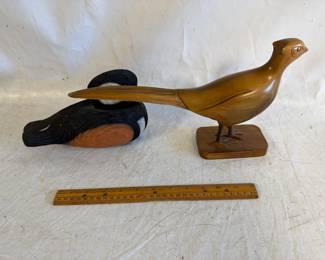Hand Carved Wooden Pheasant w/ Hand Carved Wooden Hooded Merganser Drake Duck Decoy