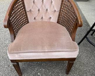 Vintage Cane Barrel Back Club Chair, Tufted Mauve Velvet, Wood Frame, Hollywood Regency Style