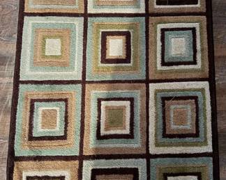 Geometric Rectangular Area Rug - Brown, Sage Green, Tan & Cream Square Pattern - Lake Odessa Off-Site