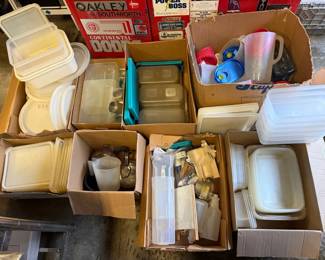 8 Large Boxes of Vintage Plastic Tupperware and Kitchenware