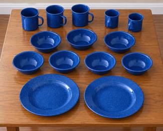 Blue Metal Speckled Dish Set