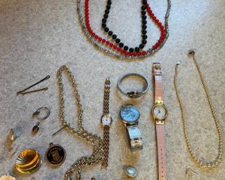 Assorted Costume Jewelry & Watches Lot - Timex, Anne Klein, Necklaces, Rings & Earrings - Lake Odessa Off-Site