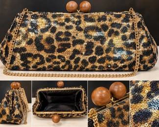 Leopard Print Sequin Evening Clutch Purse With Wooden Kiss Lock Closure & Gold Chain Strap - Potterville