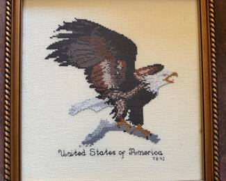 Framed 1992 Bald Eagle Cross Stitch Embroidery - Patriotic American Wall Art - Lake Odessa Off-Site
