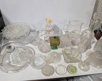 Large Glass Dish & Decor Lot: Trinket Dishes, Pitchers, Bottles W/Stoppers, (2 Boxes) - Estate Sales Warehouse (GR)
