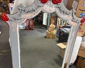 Large Baroque Style Carved Wall Mirror, Painted Gray & Red Distressed Frame