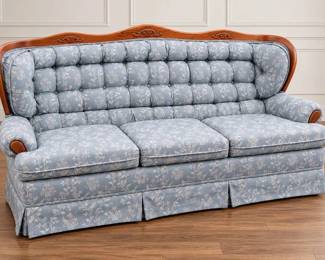 Vintage Kroehler 3-Cushion Sofa with Tufted Back, Blue Floral Upholstery & Carved Wood Trim - Potterville