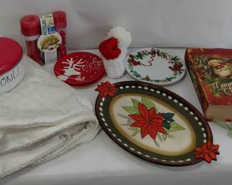 Christmas - Beige Tree Skirt, Cookie Tin, Cookie Press, Platter, Plates, Decorative Boxes
