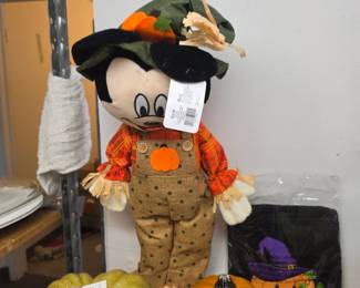 Small Collection of Fall Decorations w/ Pumpkins, Spiders, and a Mickey Mouse Scarecrow