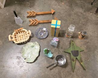 Mixed Home Decor Lot with Wooden Arrows, Zebra Plate & Mr. Peanut Decanter