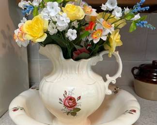 Floral Ceramic Pitcher & Wash Basin Set with Artificial Flower Arrangement (Marking on Bottom) – Lake Odessa Off-Site