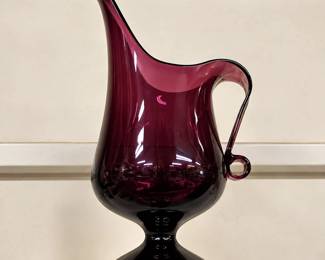 Vintage Deep Amethyst Purple Art Glass Ewer Pitcher With Dramatic Spout & Applied Loop Handle - Potterville
