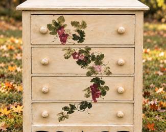 Vintage Shabby Chic Cream 4-Drawer Dresser with Hand-Painted Grapevine & Distressed Finish - Potterville