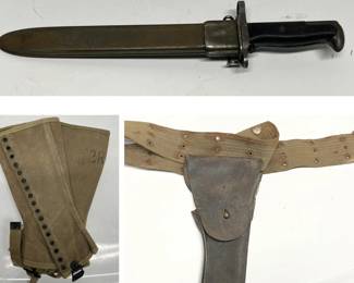 U.S. Military M1 Bayonet, Leather Holster with Web Belt, and Canvas Leggings Lot - Grand Rapids Off-Site