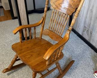 Ornate Carved Oak Wooden Rocking Chair - Victorian Style Spindle Back & Arms - Lake Odessa Off-Site