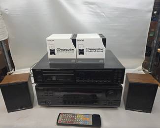 Vintage Denon Audio System w/ 10 "6 Compact CD Cases" and 2 Vintage Realistic Speakers