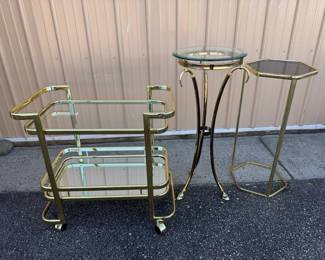 Set of 3 Vintage Brass Finished Glass Top Tables