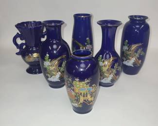 6 Cobalt Blue Porcelain Vases with Gold Trim & Asian Floral Pheasant Designs