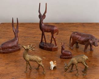 Vintage Mid-Century Hand-Carved Wooden and Brass Animal Figurines