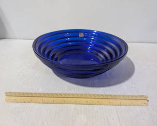 Vintage Blenko Cobalt Blue Pyramid Step Glass Bowl, Great Condition, 12" Diameter - Estate Sales Warehouse (GR)