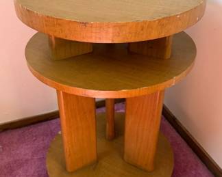 Round Wood Accent Table with Two-Tier Shelving & Circular Base - Mid-Century Style - Lake Odessa Off-Site