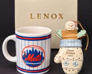 Vintage NY Mets Baseball Mug & Lenox 2002 Happy Holidays Snowman Stocking Ornament With Box - Potterville