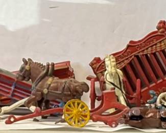Collection of Vintage Cast Iron Horses, Carts, Circus Wagon, Mail Cart and Men - 1890's - 1930's