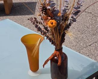 Fall Floral Arrangement in Amber Glass Vase with Orange Accent Vase