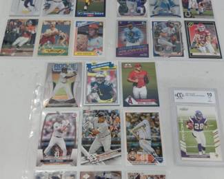 27 Sports Cards in Protective Pages - Adrian Peterson RC Graded 10, Football & Baseball RCs