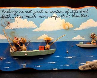 Vintage Folk Art Fishing Wall Plaque Sign (Mixed Media)