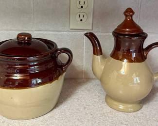 Vintage Brown & Beige Stoneware Coffee Pot and Lidded Crock Pottery Set - One with Marking – Lake Odessa Off-Site