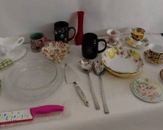 Teacups & Saucers, Trivet, Mugs, Milk Glass Gravy with Tray, Salad & Pie Servers, Cake Knife