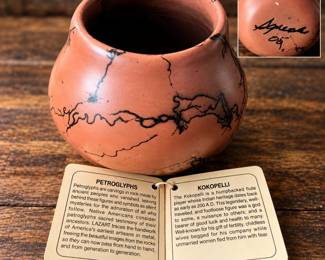 Signed 2009 LAZART Southwestern Horsehair Pottery Bowl Petroglyph Design Original Tags - Potterville