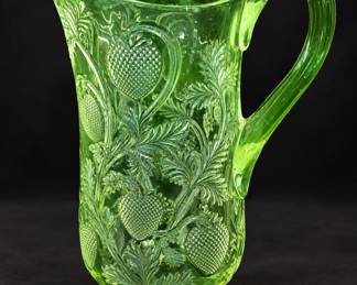 1911 Antique Cambridge Inverted Strawberry Water Pitcher. Clear EAPG Glass With Green UV Glow - Potterville
