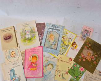 Vintage Baby Shower & Congratulations Greeting Card Lot - 1950s-1970s - Pastel Illustrations