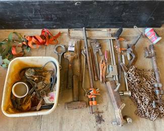Assorted Vintage Hand Tools, Clamps, Chain, and Hardware Collection