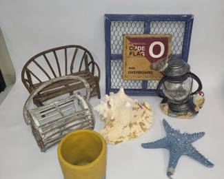 Coastal Decor Lot: Conch Shells, Starfish, Wicker Bench, Lantern & Code Flag Sign
