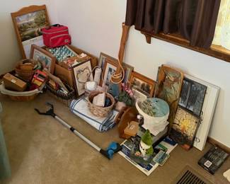 Large Estate Miscellaneous Lot - Framed Art, Christmas Ornaments, Baskets & Household Decor - Lake Odessa Off-Site
