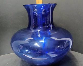 Large 12" Cobalt Blue Optic Rib Glass Vase, Handblown Mid Century Art Glass Onion Urn - Potterville