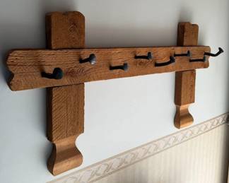 Rustic Wooden Wall-Mounted Coat Rack with 8 Wrought Iron Style Hooks - Farmhouse Decor - Lake Odessa Off-Site
