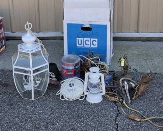 Box of Electrical Items - Vintage Lanterns, Light Fixtures, Cords, Some New in Box