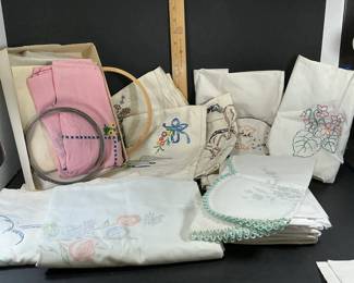 Huge Lot Vintage Embroidered Linens Some Complete, Some New - Potterville