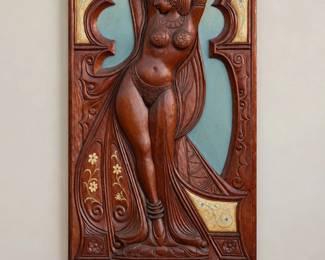1980's Ray Jansma Hand-Carved Wooden Wall Panel featuring a High-Relief Female Figure