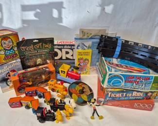 Vintage Toys & Games Lot: Jack in the Box, Paper Doll, Train, Snoopy & More